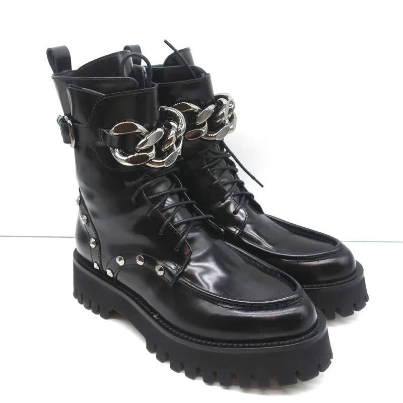 Bottes de combat à chaînes Casadei en cuir clouté noir taille 36.5