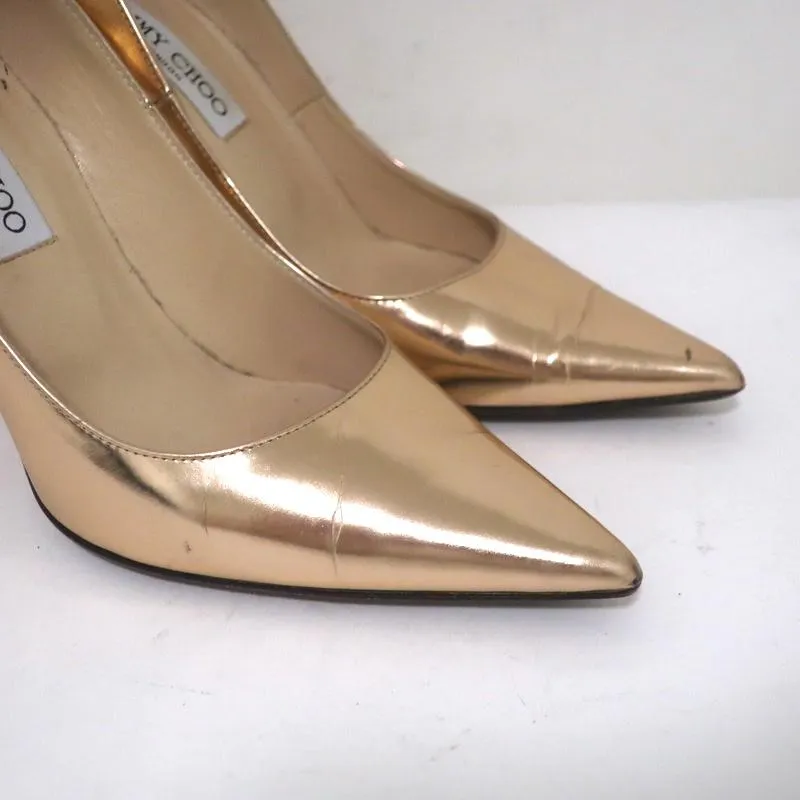 Jimmy Choo Abel Escarpins en Cuir Mirroir Or Rose Taille 36.5 à Bout Pointu Talons