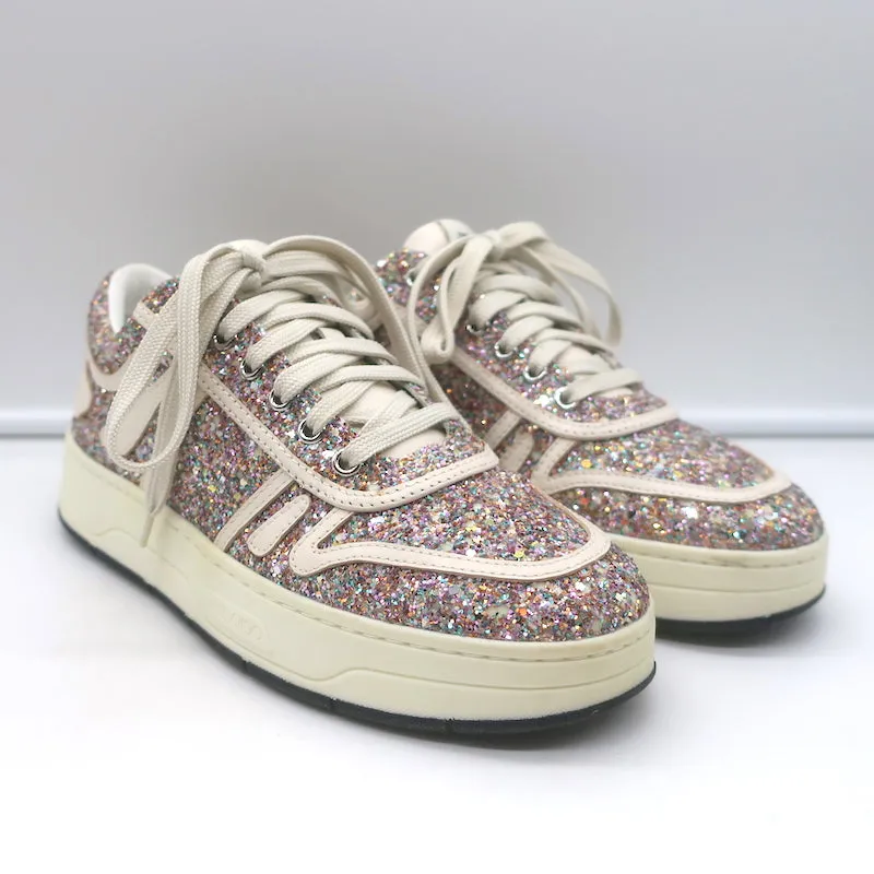 Jimmy Choo Hawaii Chaussures Basses à Paillettes Fluorescentes Rose/Blanc Taille 38