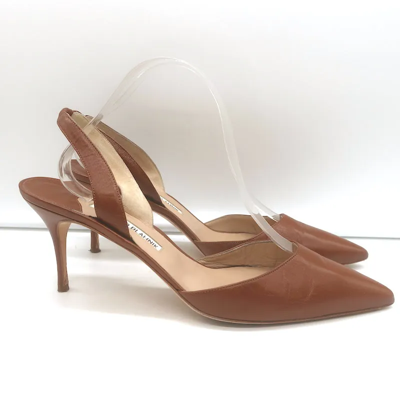 Manolo Blahnik Carolyne 90 Escarpins à Bride Arrière Cuir Marron Taille 42
